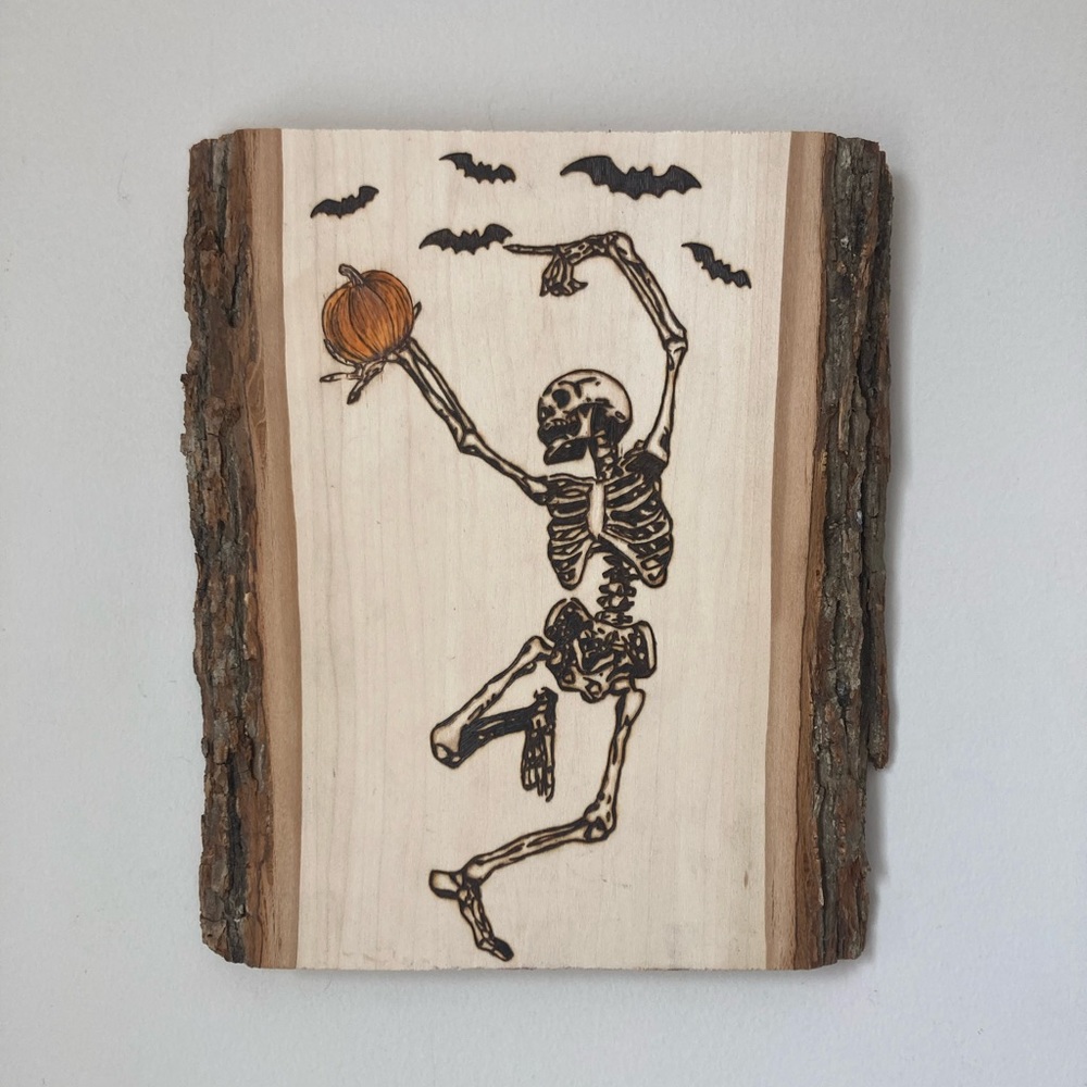Dancing Skeleton - Pumpkins - Bats - Halloween - Seasonal - Pyrography - Decor
